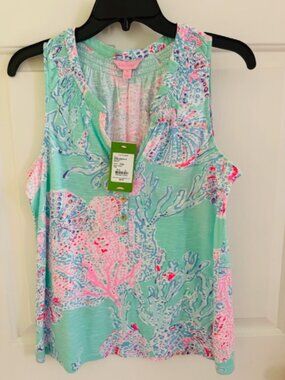 Lilly Pulitzer Essie Top Minty Fresh FanSea NWT Size Medium Blue Pink